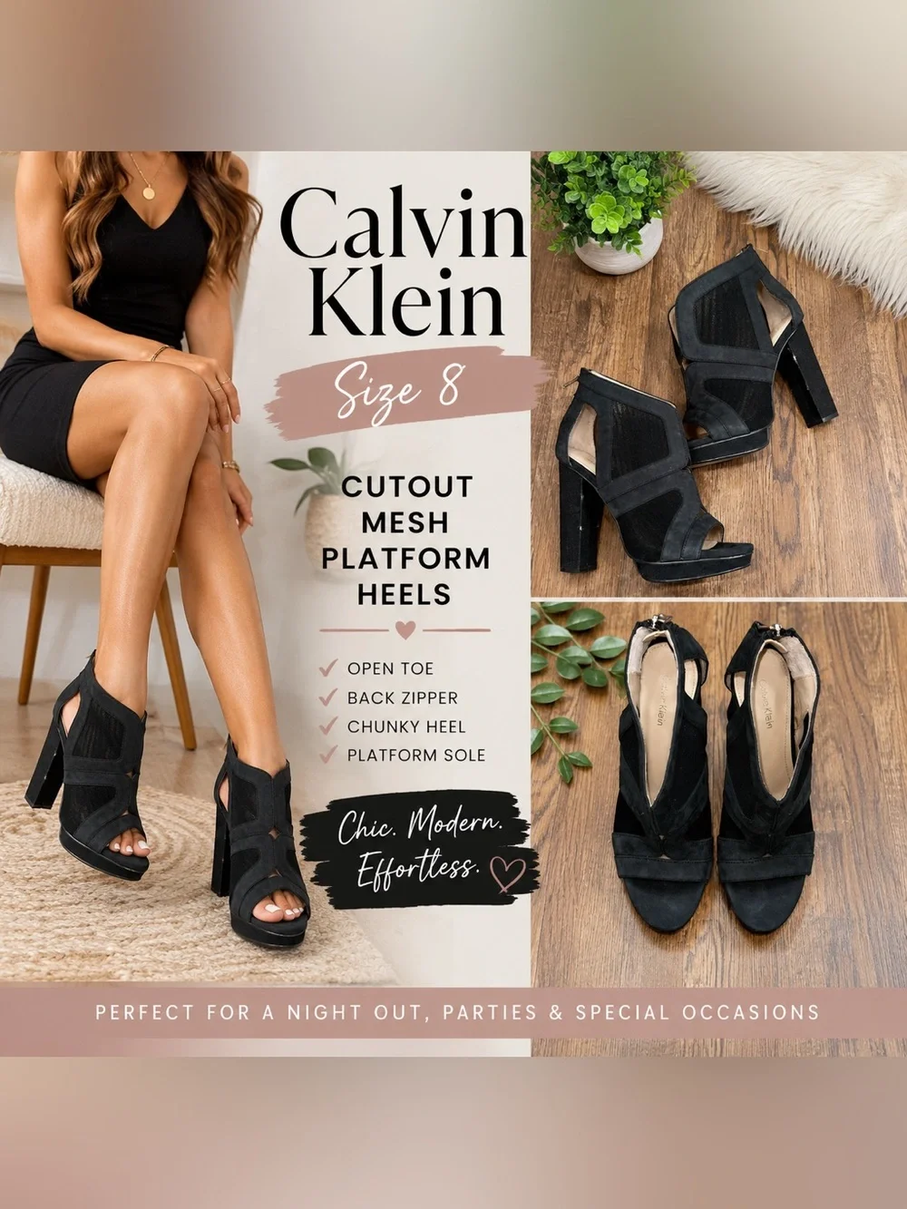 Calvin Klein Black Cutout Mesh Platform Heels - Size 8